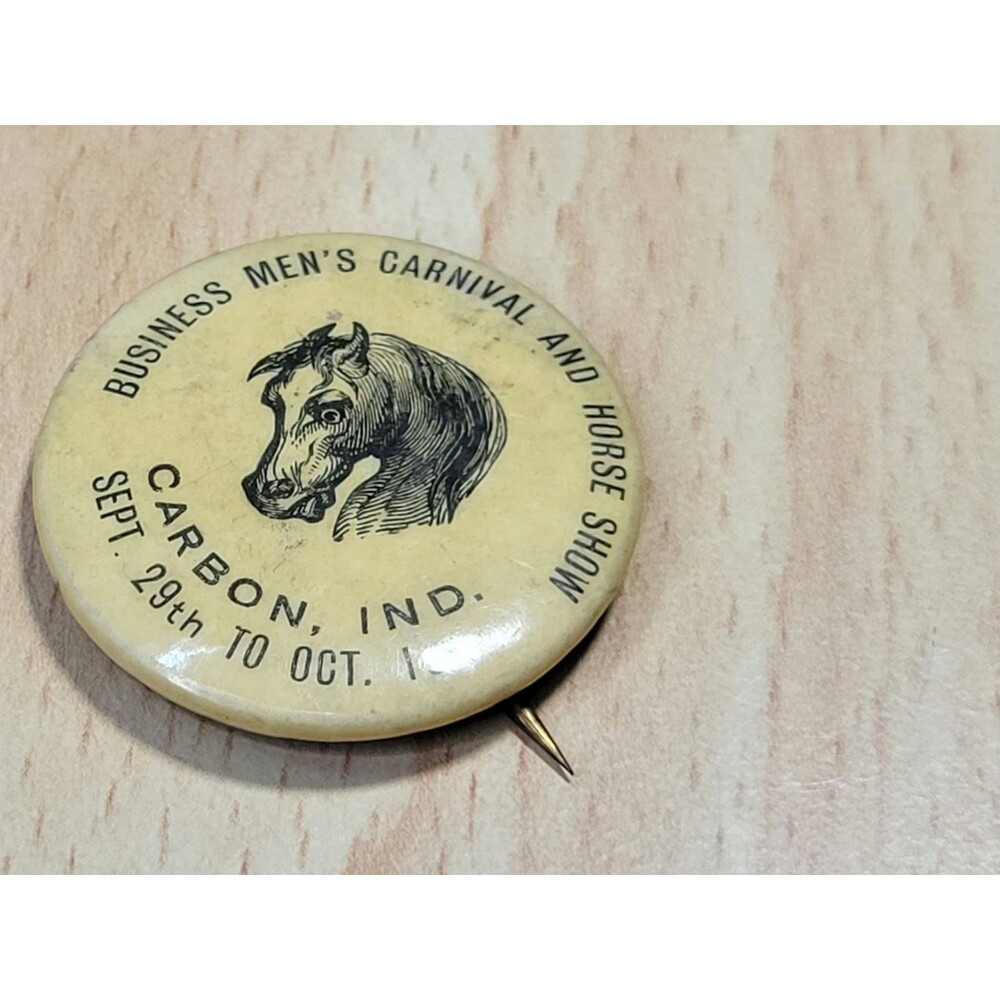 Antique Celluloid Pinback Mens Carnival And Horse Show Carbon,Indiana